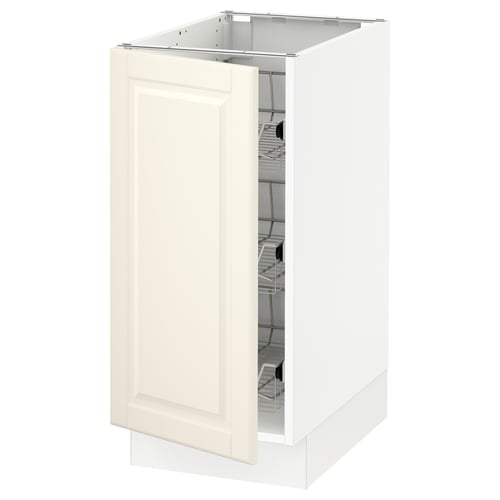 White kitchen cabinet with off-white door, bevelled edges, right-hinged.