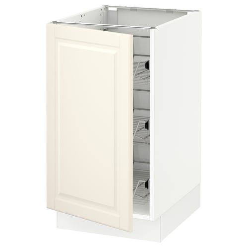 Off-white kitchen cabinet with bevelled door, wire shelves, hinges and dampers, part of the SEKTION system.