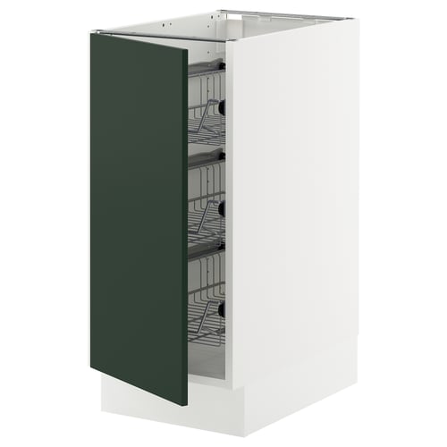 SEKTION green kitchen cabinet with open wire rack.