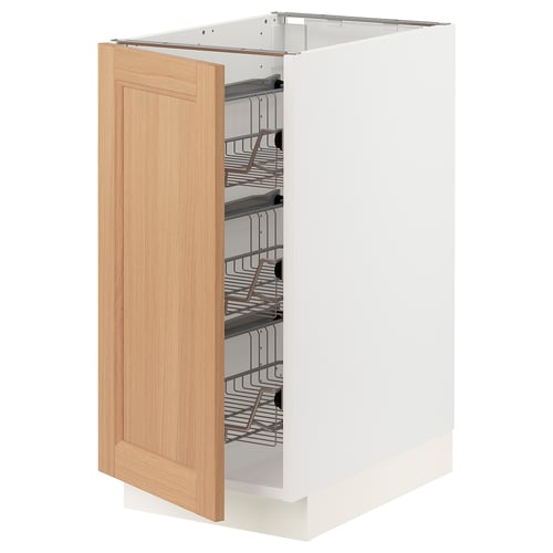 SEKTION kitchen cabinet in white and oak. Openable door, wire shelves inside. Modern design, durable materials.