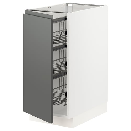 IKEA SEKTION kitchen cabinet, dark grey, three wire shelves, white frame, modern design.