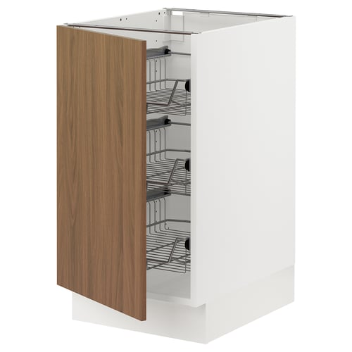 SEKTION cabinet with walnut door and wire pull-out basket.