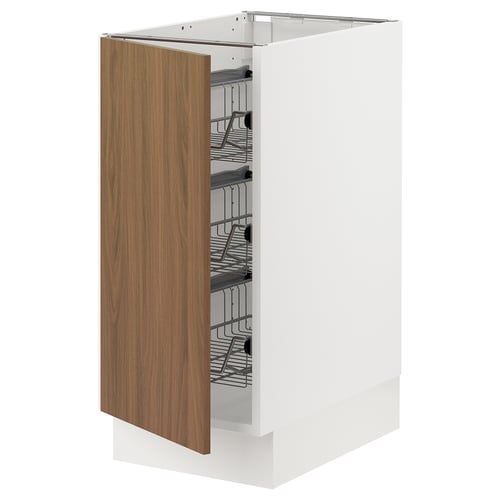 A modern white kitchen cabinet with a walnut door, wire storage shelves, and soft-closing hinges.