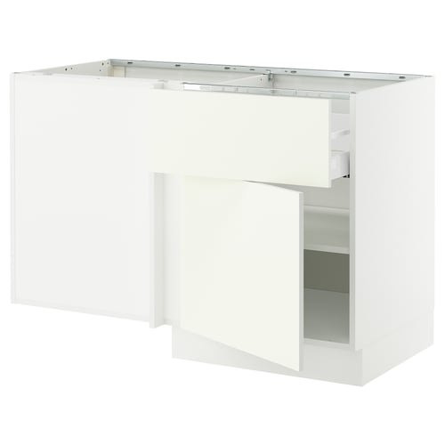 White SEKTION kitchen unit with corner shelf, modern design.