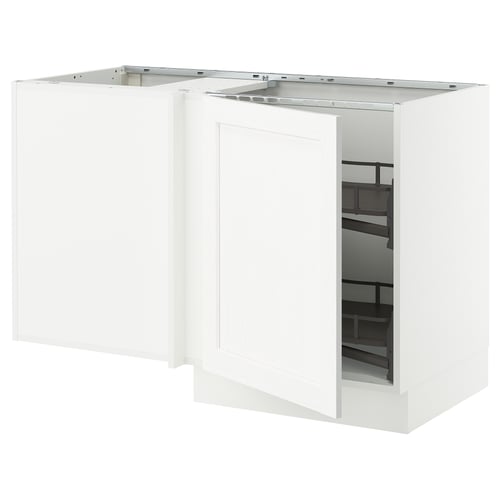 White kitchen cabinet set with one door open, showcasing shelves inside. Modern design, made of particleboard and foil.