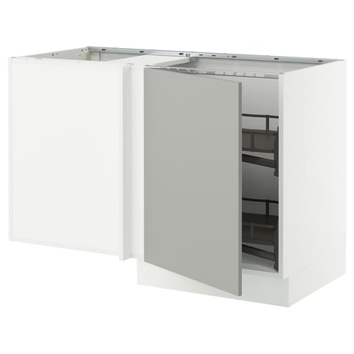 White l-shaped kitchen cabinet with open door, black shelves.