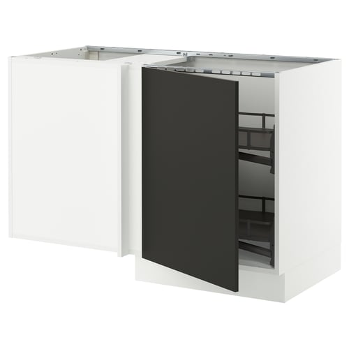 Modern kitchen cabinet in white with matt black door, corner design, pull-out shelves.