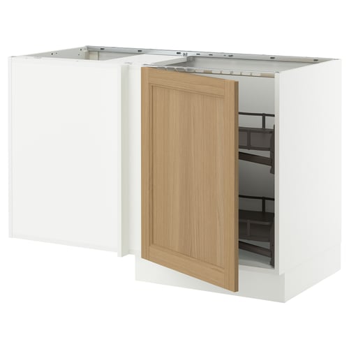 SEKTION kitchen unit with oak door open; white cabinet, wooden door, pull-out shelf.