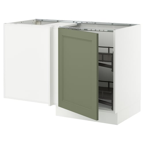 Green and white kitchen cabinet with open drawer.
