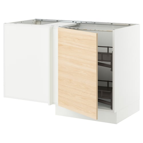 A white SEKTION kitchen cabinet with a light ash wooden door open, revealing a pull-out shelf.