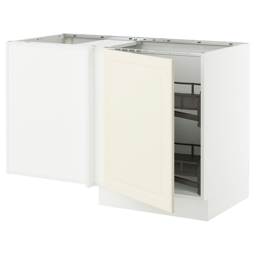 A white SEKTION kitchen cabinet with an open door, revealing a pull-out shelf inside.