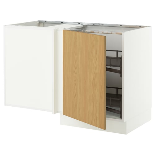 SEKTION kitchen unit, white & oak veneer, corner base cabinet with pull-out shelf.