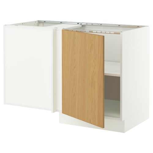 White IKEA SEKTION kitchen cabinet with oak door open.