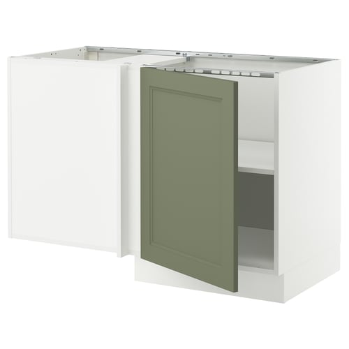 White and green kitchen cabinet with door open.