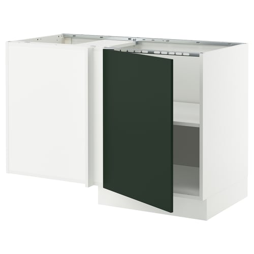 SEKTION white kitchen cabinet with green door & shelves.