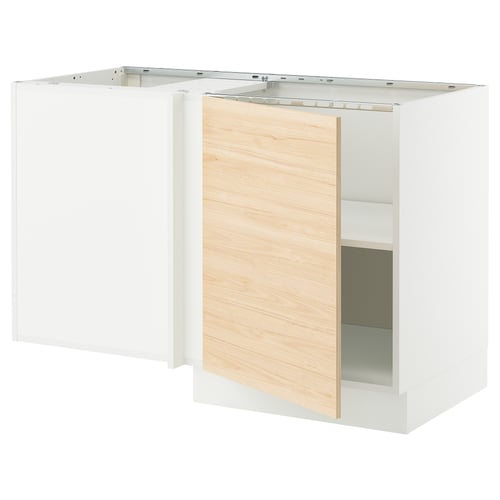 Depicts a white SEKTION kitchen cabinet with a light ash wood-patterned door, featuring sleek lines and a modern design.