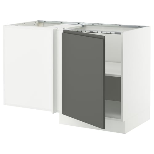White l-shape kitchen unit with grey door, modern design.