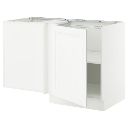 Ikea SEKTION white kitchen base cabinet with stainless steel fixtures.