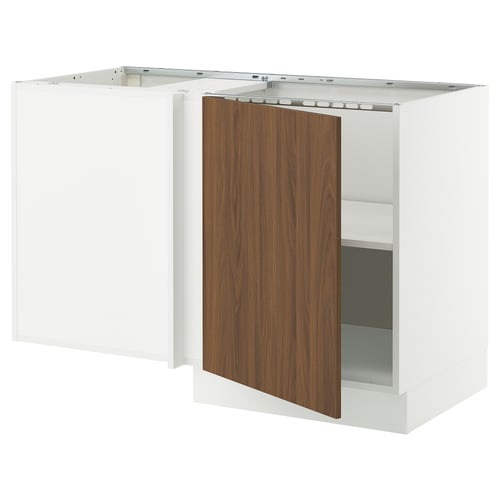 A white and wood-grain, rectangular SEKTION kitchen cabinet from ikea with one door open and hinges visible.
