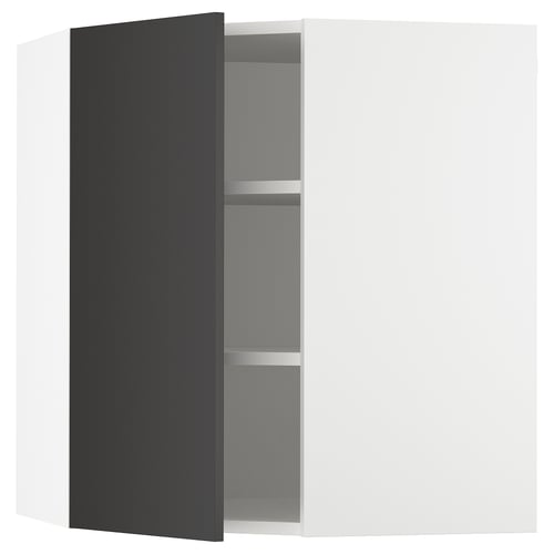 A white and black SEKTION kitchen cabinet with adjustable shelves. The black door is open, revealing the interior.