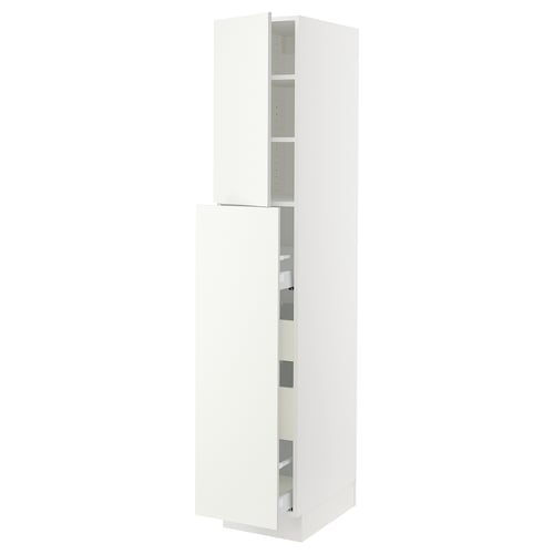 White SEKTION kitchen cabinet, tall with open door, adjustable shelves, sleek design.