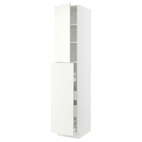 A white SEKTION kitchen cabinet with multiple shelves and adjustable shelves.
