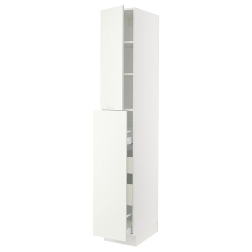 A white SEKTION kitchen cabinet. Tall and sleek, it has multiple shelves and modern, clean lines.