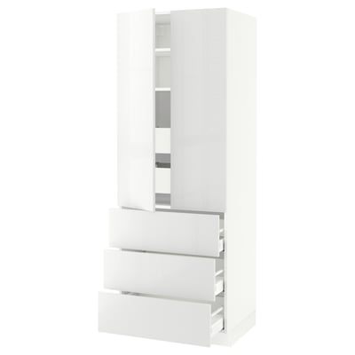 White SEKTION kitchen unit with drawers and shelves, glossy finish.