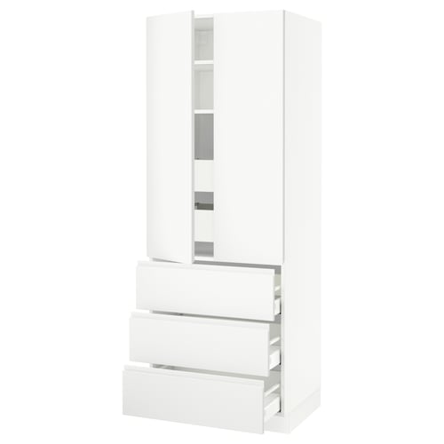A white SEKTION kitchen cabinet with three drawers and two doors. It a modern, minimalist design.
