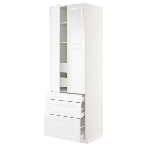 A white SEKTION kitchen cabinet with shelves and drawers. Its sleek, modern, and adjustable shelves within a sturdy frame.