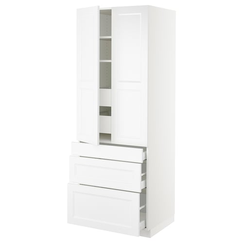 SEKTION white kitchen cabinet with drawers and shelves.