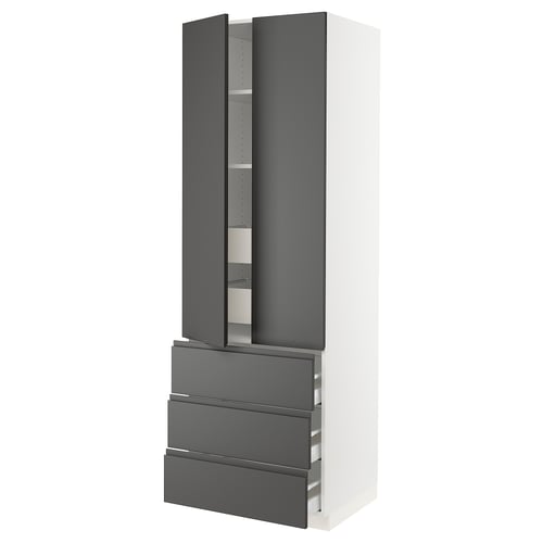 The SEKTION kitchen cabinet in white with dark grey matt voxtorp fronts, featuring integrated handles and adjustable shelves.
