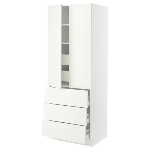 White ikea SEKTION kitchen cabinet with drawers and adjustable shelves.