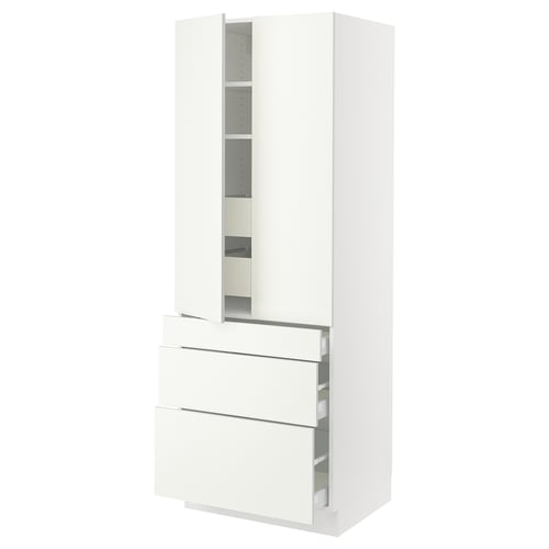 SEKTION ikea white kitchen cabinet with drawers and shelves.