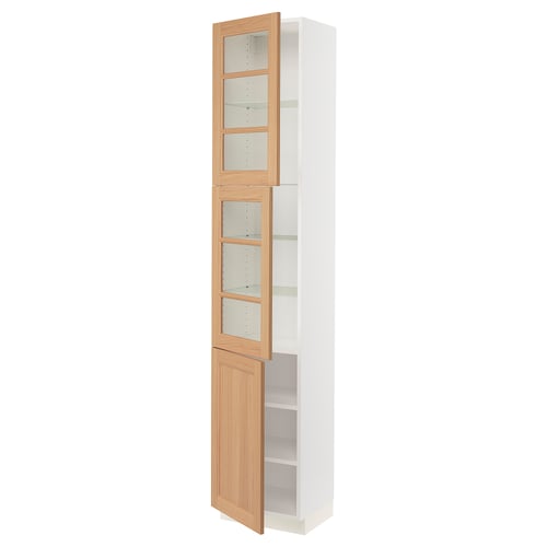 SEKTION kitchen pantry, white with oak doors, three adjustable shelves, glass inserts.