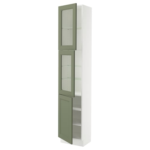 Green and white SEKTION kitchen cabinet with glass doors and shelves.