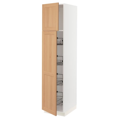SEKTION natural oak kitchen cabinet with wire baskets.