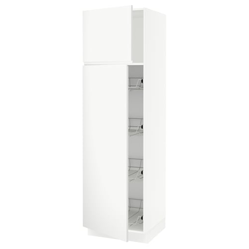 White SEKTION kitchen cabinet with voxtorp fronts in matte finish, rectangular shape, minimalist design, and wire shelves.