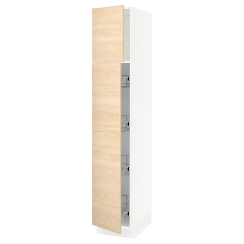 An open light ash wood-patterned kitchen cabinet from the SEKTION series. The cabinet has multiple shelves and a smooth-closing door.