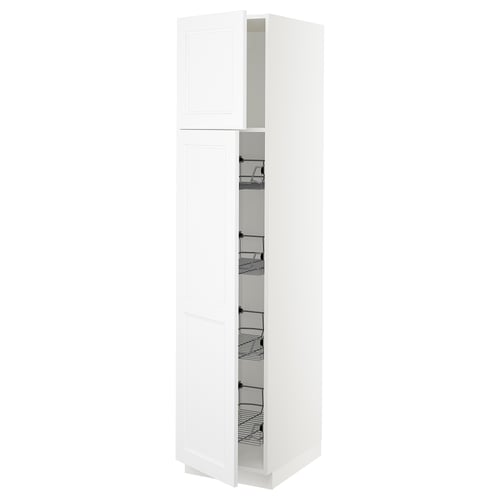 A white SEKTION tall kitchen cabinet with pull-out wire baskets and a door that opens to the left.
