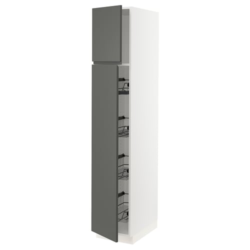 High grey cabinet with wire racks, white back, sleek handle-less dark grey fronts.