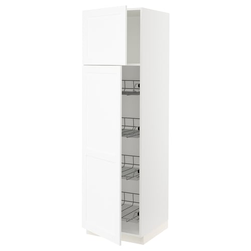 A white SEKTION kitchen cabinet with one door open, revealing wire shelves inside.