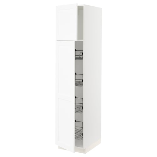 A white SEKTION kitchen cabinet with glass door and metal shelves.