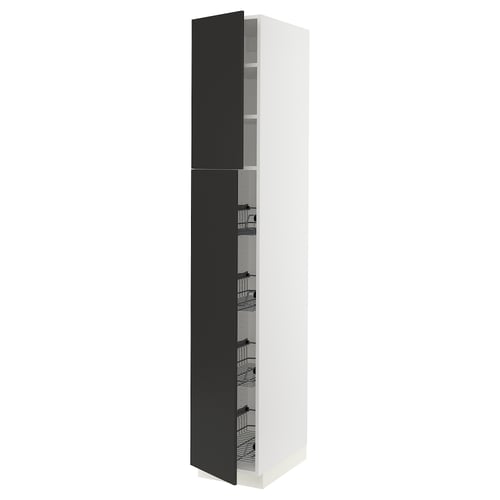 Modern black and white tall kitchen cabinet with pull-out storage.