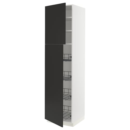 A tall white SEKTION kitchen cabinet with black doors, featuring wire baskets inside.