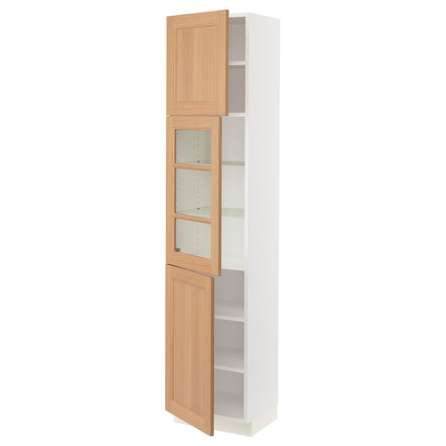 This image shows an ikea SEKTION kitchen cabinet with oak doors, featuring adjustable shelves and a 25-year guarantee.