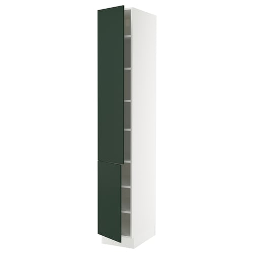 This image shows a tall, white SEKTION kitchen cabinet with green doors, featuring adjustable shelves and a sleek, modern design.