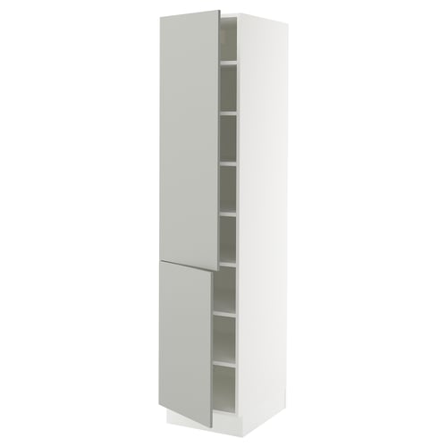 A SEKTION kitchen cabinet in light grey with adjustable shelves and soft-close hinges. Its tall, rectangular, and sleek.