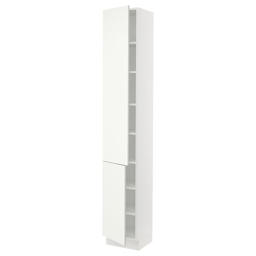A white SEKTION tall cabinet with adjustable shelves and a door that can open either way.