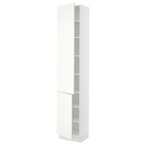 This is an a white SEKTION kitchen cabinet with adjustable shelves. The modern design sleek, clean lines and is made of particleboard and plastic.